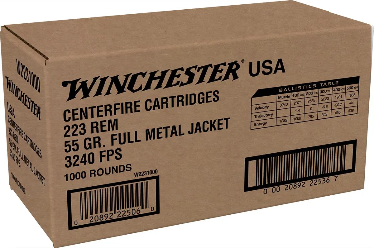 USA Lake City Bulk Full Metal Jacket 55 gr 223 Remington Rifle Ammo - 1000 Round Case