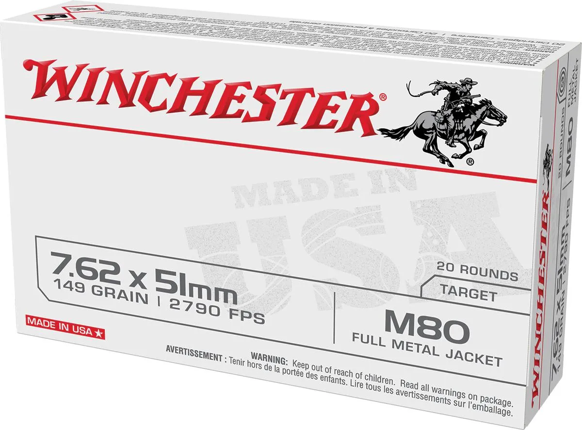 USA M80 Full Metal Jacket 149 gr 7.62x51 Rifle Ammo - 20 Round Box