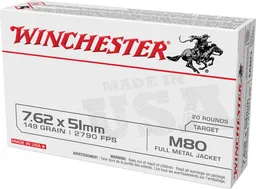 USA M80 Full Metal Jacket 149 gr 7.62x51 Rifle Ammo - 20 Round Box