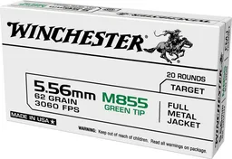 USA M855 Green Tip Full Metal Jacket 62 gr 5.56 NATO Rifle Ammo - 20 Rounds