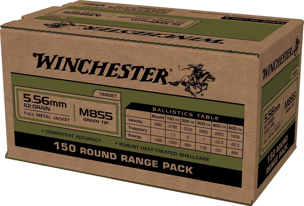USA M855 Green Tip Full Metal Jacket 62 gr 5.56 NATO Rifle Ammo - 150 Rounds