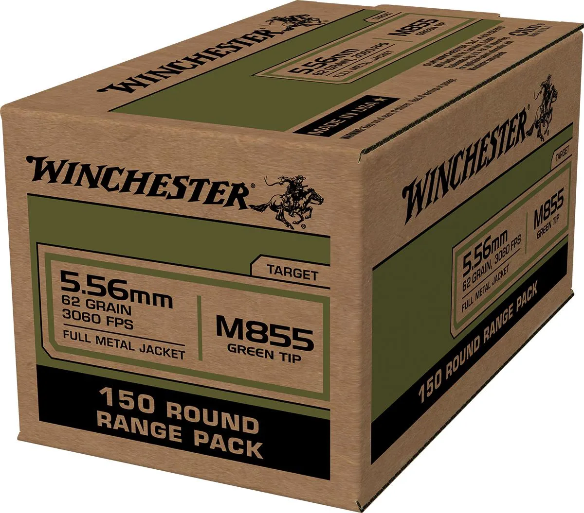 USA M855 Green Tip Full Metal Jacket 62 gr 5.56 NATO Rifle Ammo - 150 Rounds