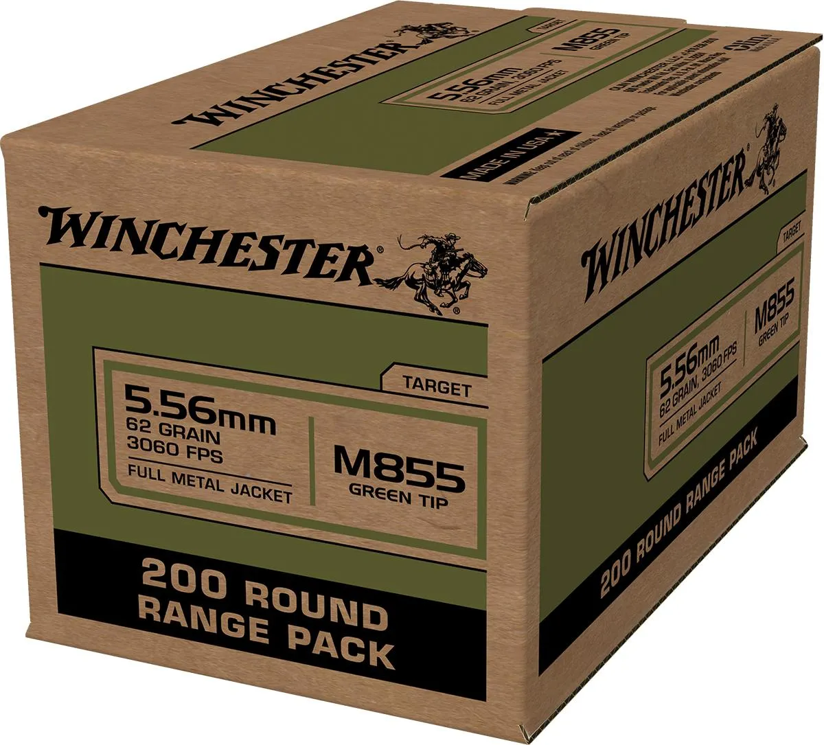USA M855 Green Tip Full Metal Jacket 62 gr 5.56 NATO Rifle Ammo - 200 Rounds
