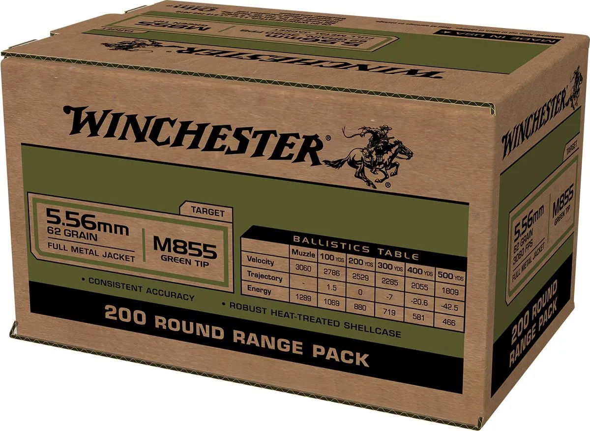 USA M855 Green Tip Full Metal Jacket 62 gr 5.56 NATO Rifle Ammo - 200 Rounds