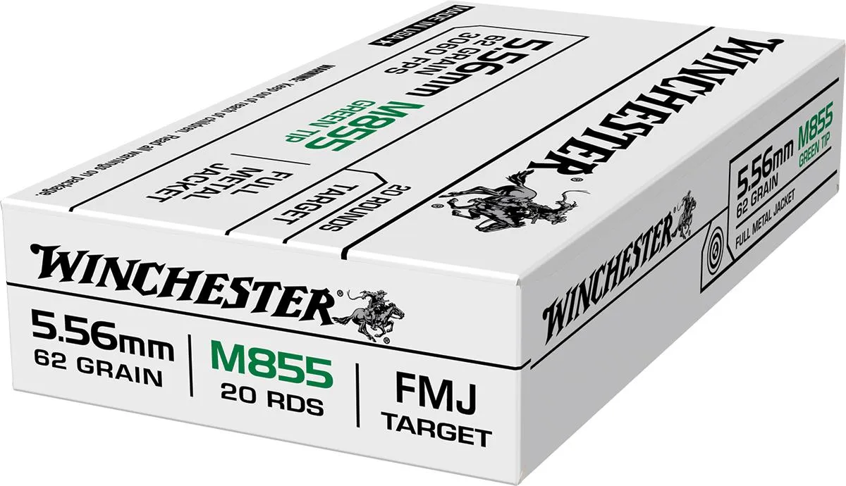 USA M855 Green Tip Full Metal Jacket 62 gr 5.56 NATO Rifle Ammo - 20 Rounds