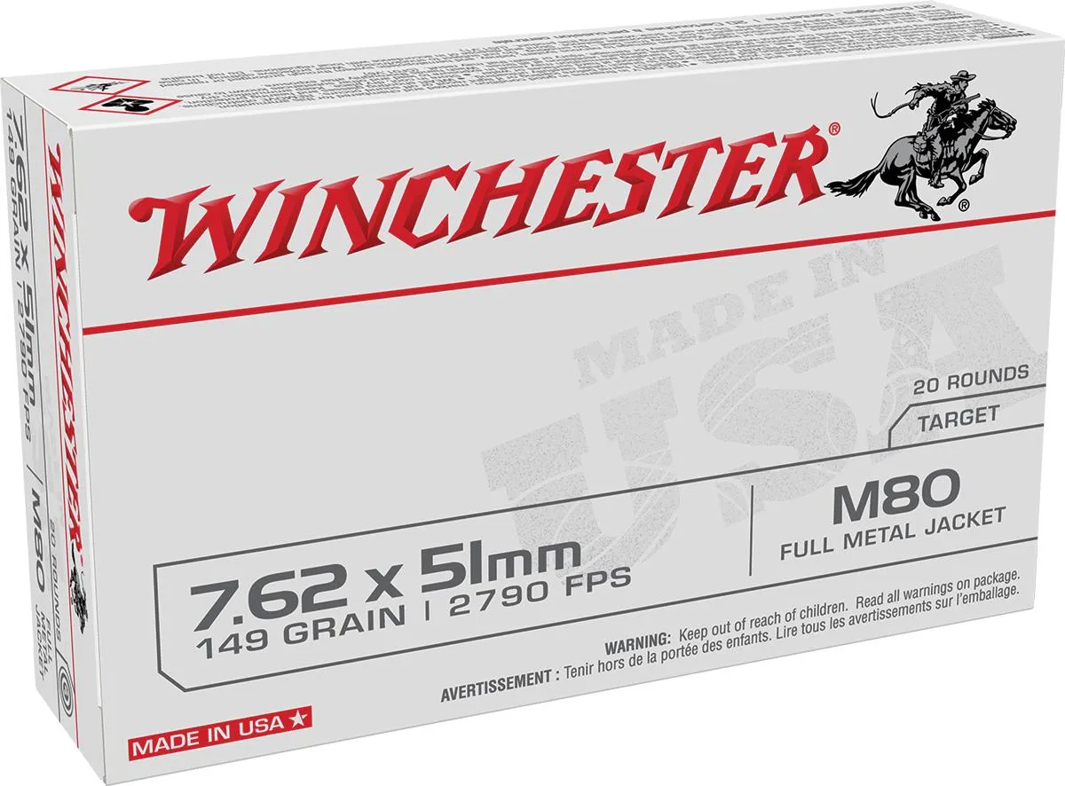 USA M80 Full Metal Jacket 149 gr 7.62x51 Rifle Ammo - 20 Round Box