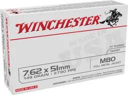 USA M80 Full Metal Jacket 149 gr 7.62x51 Rifle Ammo - 20 Round Box