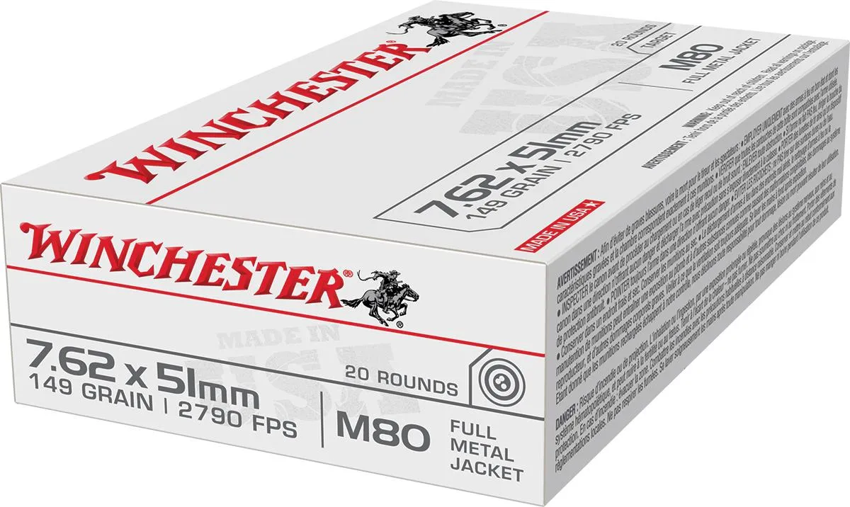USA M80 Full Metal Jacket 149 gr 7.62x51 Rifle Ammo - 20 Round Box