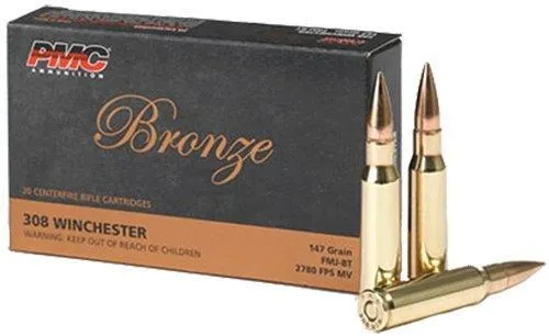 Bronze Full Metal Jacket Boat Tail 147 gr 308 Winchester Rifle Ammo - 20 Round Box