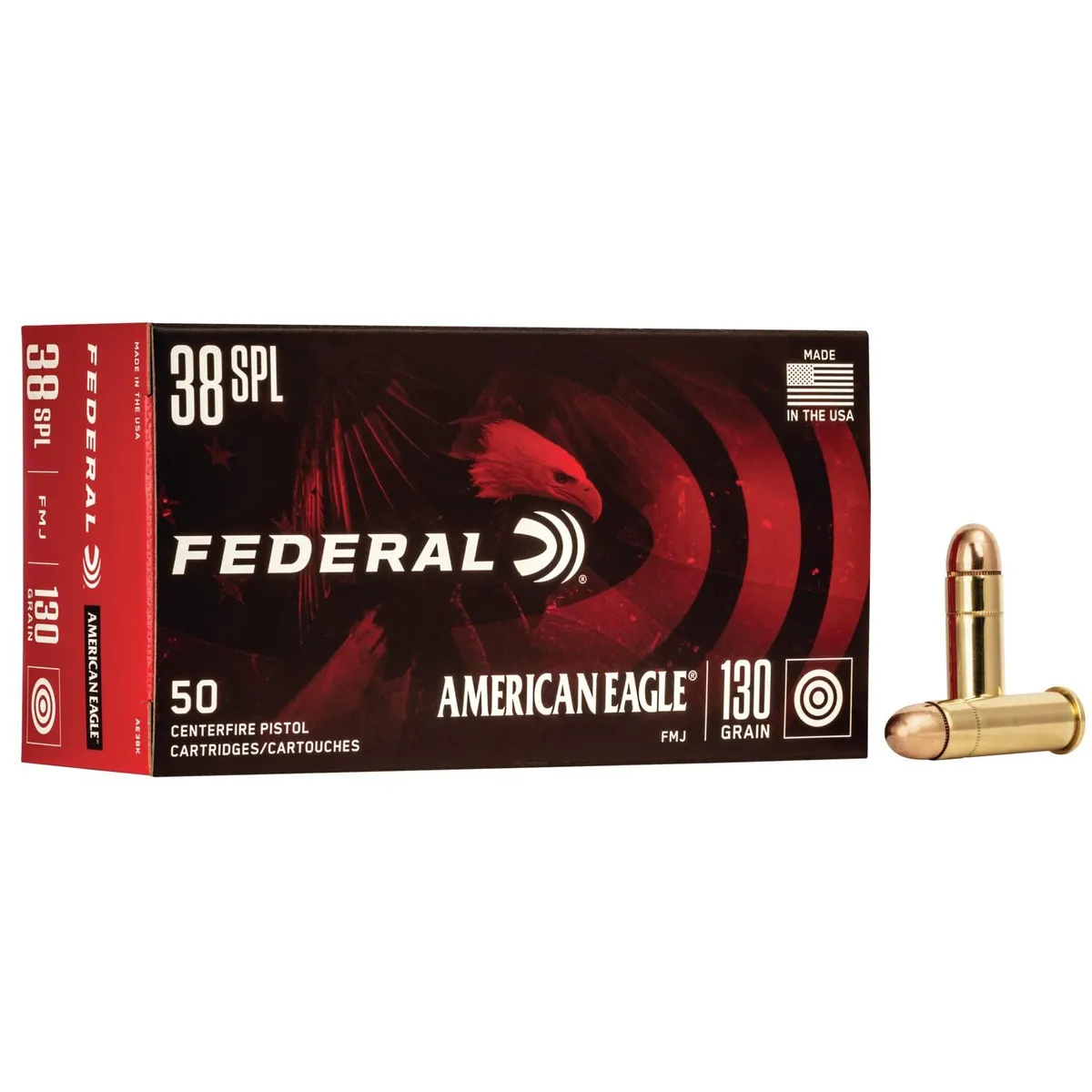 American Eagle Full Metal Jacket 130 gr 38 Special Handgun Ammo - 50 Round Box