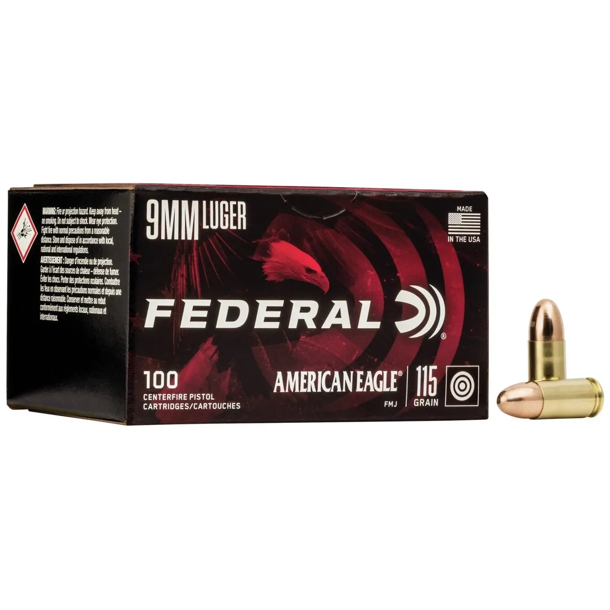 American Eagle Full Metal Jacket 115 gr 9mm Handgun Ammo - 100 Round Box