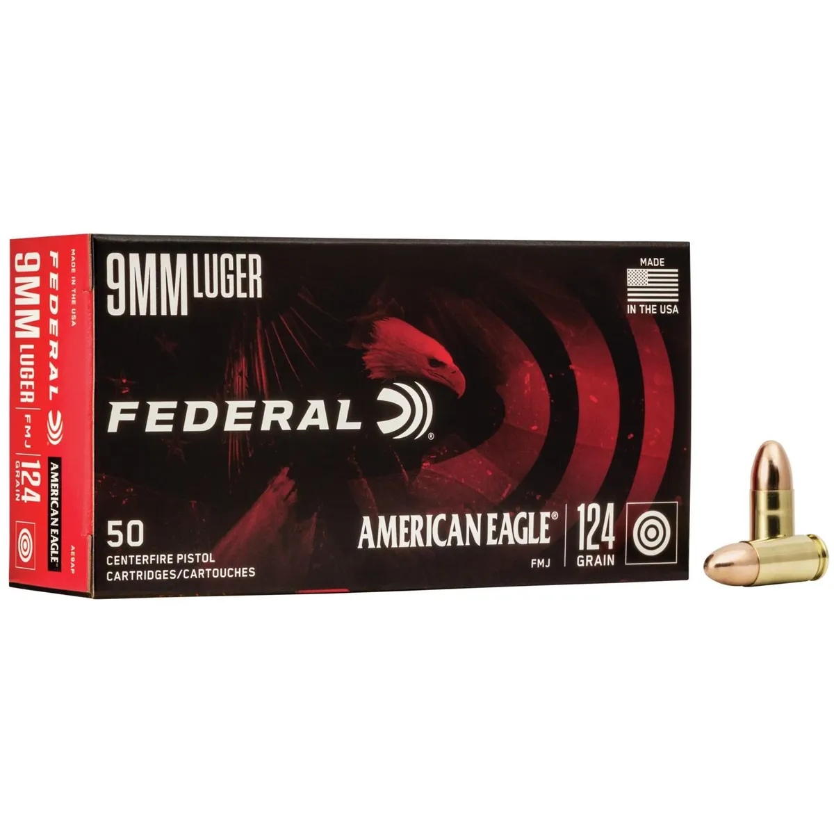 American Eagle Full Metal Jacket 124 gr 9mm Handgun Ammo - 50 Round Box