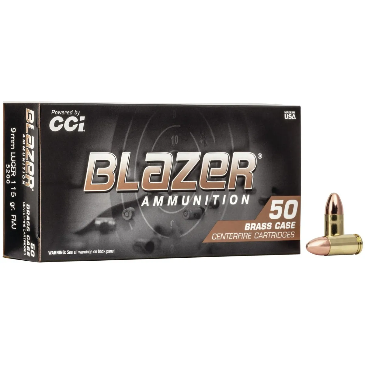 Blazer Brass Full Metal Jacket 115 gr 9mm Handgun Ammo - 50 Round Box