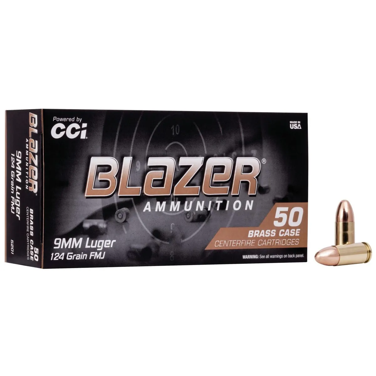 Blazer Brass Full Metal Jacket 124 gr 9mm Handgun Ammo - 50 Round Box