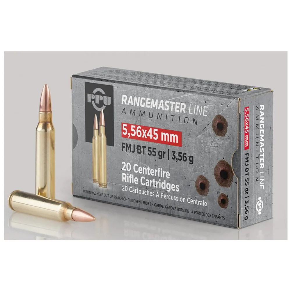 Rangemaster Full Metal Jacket Boat Tail 55 gr 5.56 NATO Rifle Ammo - 20 Round Box