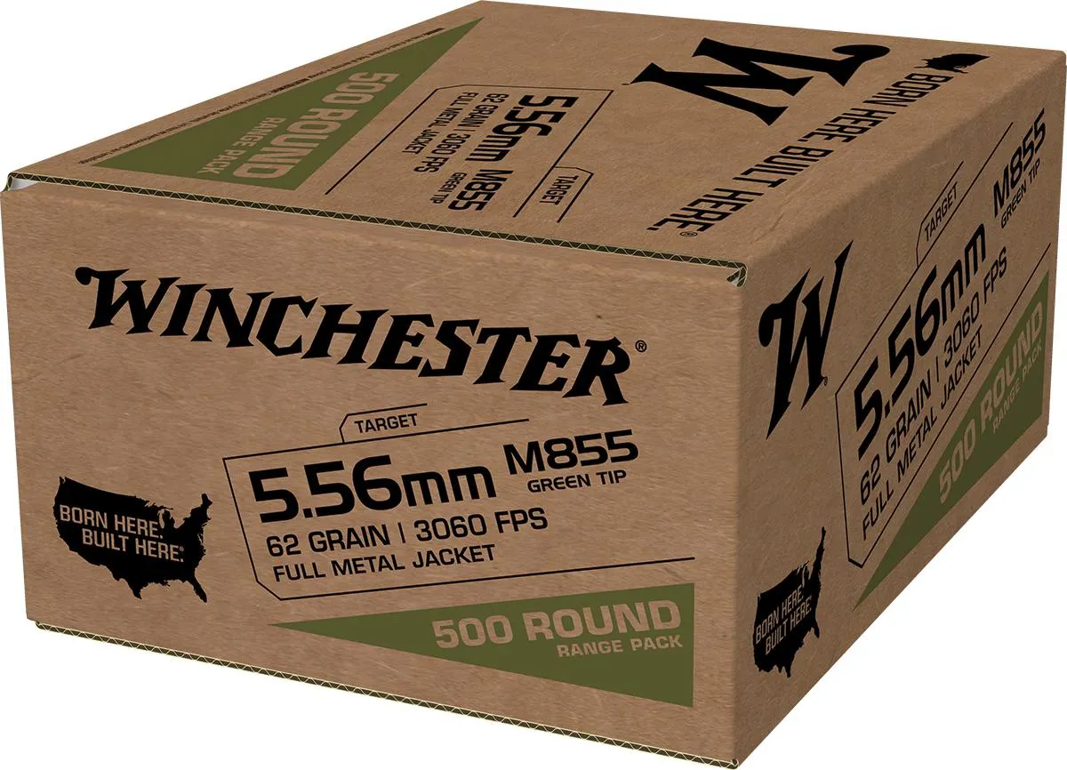 USA M855 Green Tip Full Metal Jacket 62 gr 5.56 NATO Rifle Ammo - 500 Round