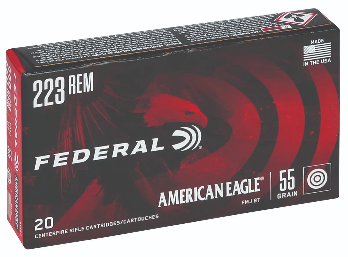 American Eagle Full Metal Jacket Boat Tail 55 gr 223 Remington Rifle Ammo - 20 Round Box