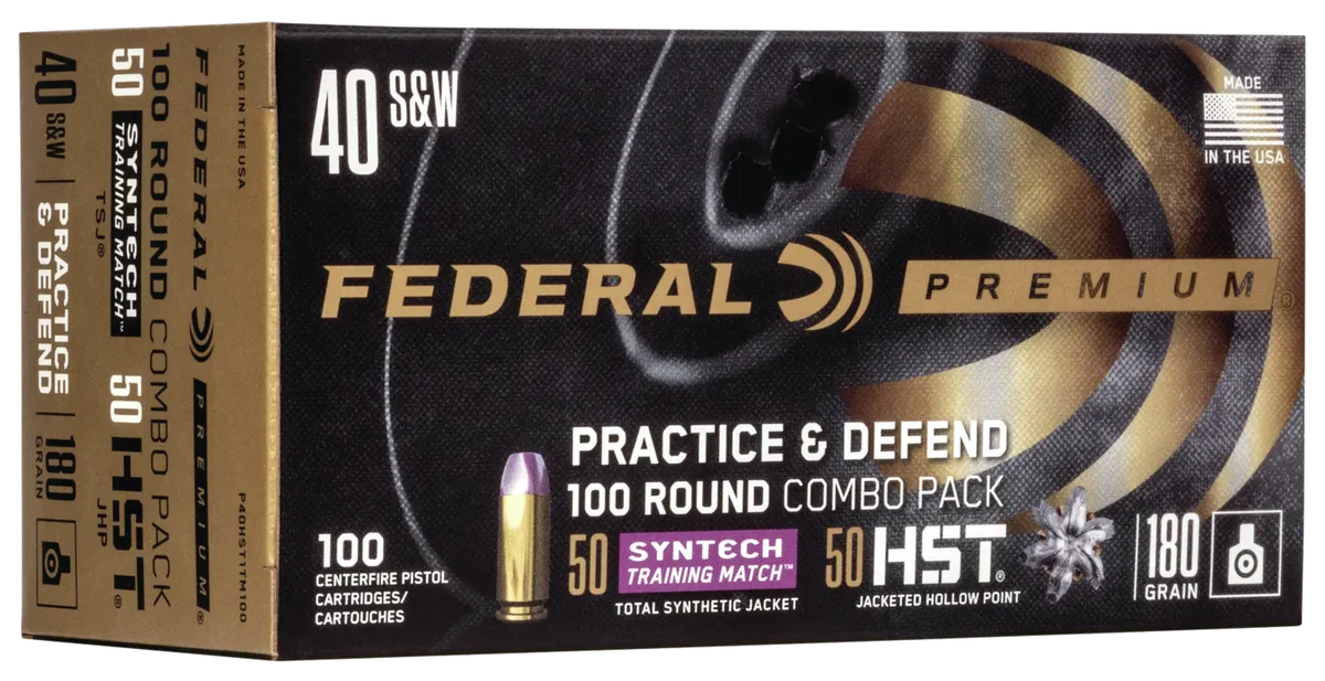 Premium Practice & Defend HST JHP / Syntech TSJ 180 gr 40 S&W Handgun Ammo - 100 Round Box