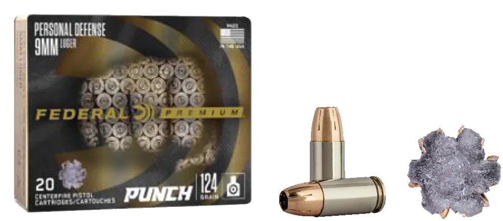 Premium Personal Defense Punch Jacketed Hollow Point 124 gr 9mm Luger Handgun Ammo - 20 Round Box