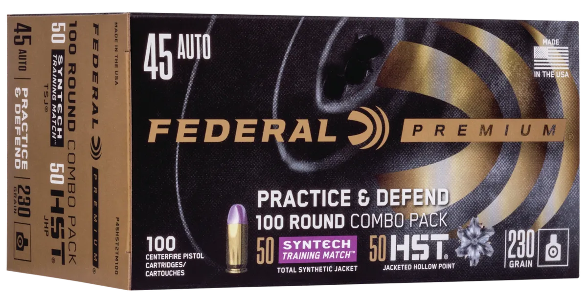 Premium Practice & Defend HST JHP / Syntech TSJ 230 gr 45 ACP Handgun Ammo - 100 Round Box