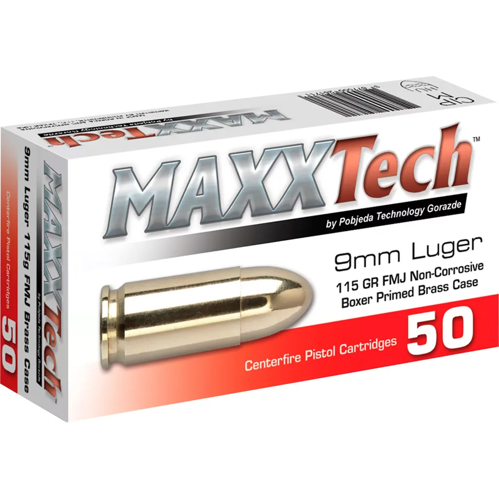 Centerfire Pistol Full Metal Jacket 115 gr 9mm Handgun Ammo - 50 Round Box