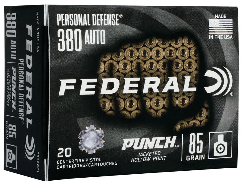 Premium Personal Defense Punch Jacketed Hollow Point 85 gr 380 ACP Handgun Ammo - 20 Round Box