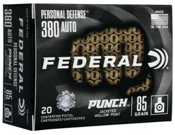 Premium Personal Defense Punch Jacketed Hollow Point 85 gr 380 ACP Handgun Ammo - 20 Round Box