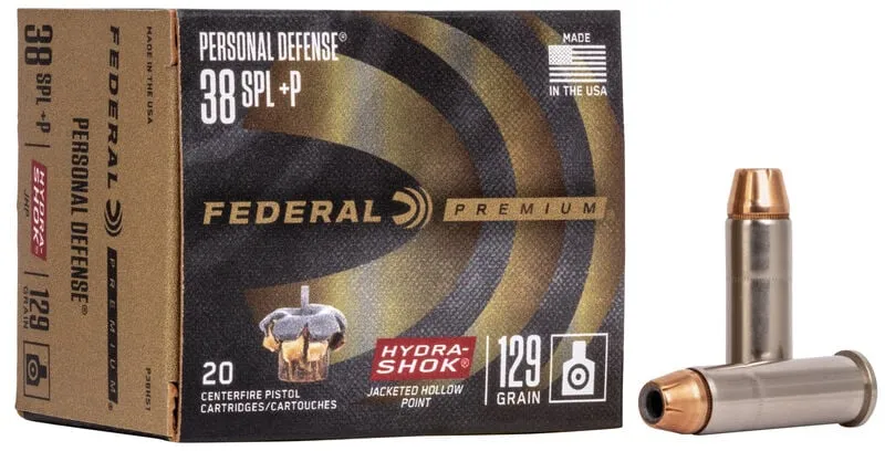 Premium Personal Defense Hydra-Shok Jacketed Hollow Point 129 gr 38 Special+P Handgun Ammo - 20 Round Box