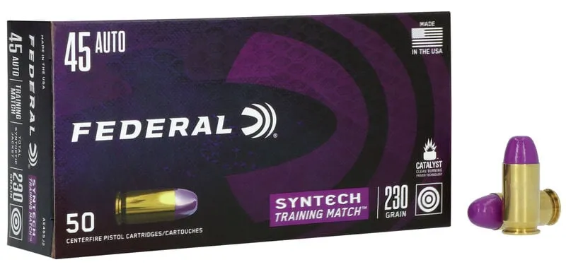 Syntech Training Match Total Jacket Flat Nose 230 gr 45 ACP Handgun Ammo - 50 Round Box
