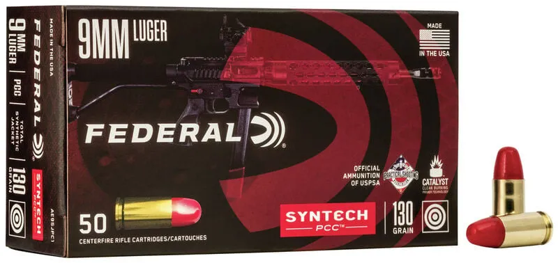 American Eagle Total Syntech Jacket Flat Nose 130 gr 9mm Handgun Ammo - 50 Round Box