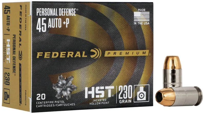 Premium Personal Defense HST Jacketed Hollow Point 230 gr 45 ACP +P Handgun Ammo - 20 Round Box