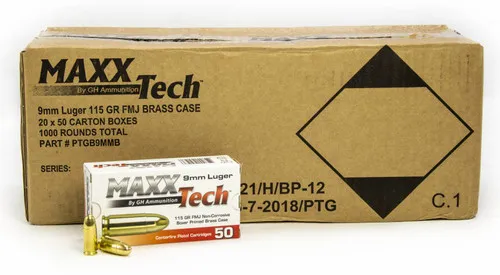 Full Metal Jacket 124 gr 9mm Handgun Ammo - 1000 Round Case